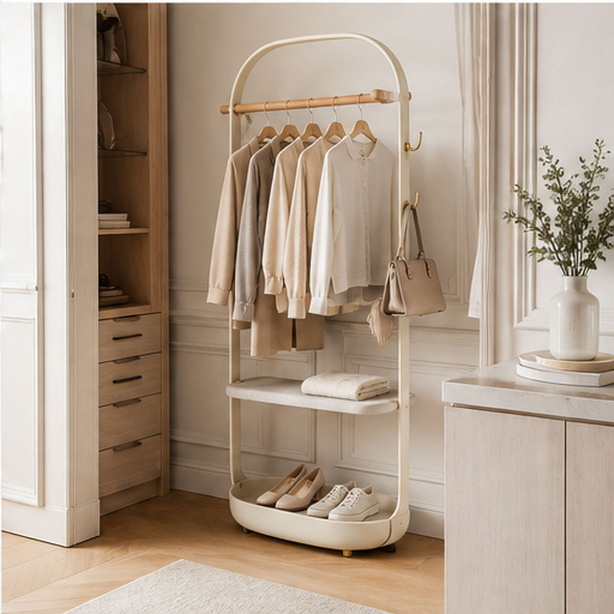 DressingHalo – Portant compact avec étagère et plateau à chaussures